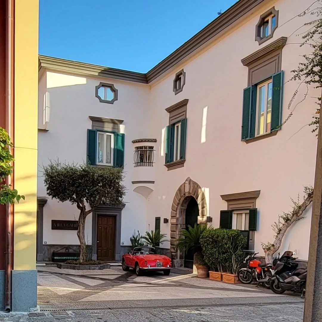 A sunlit Italian villa courtyard with an olive tree and arched entrance